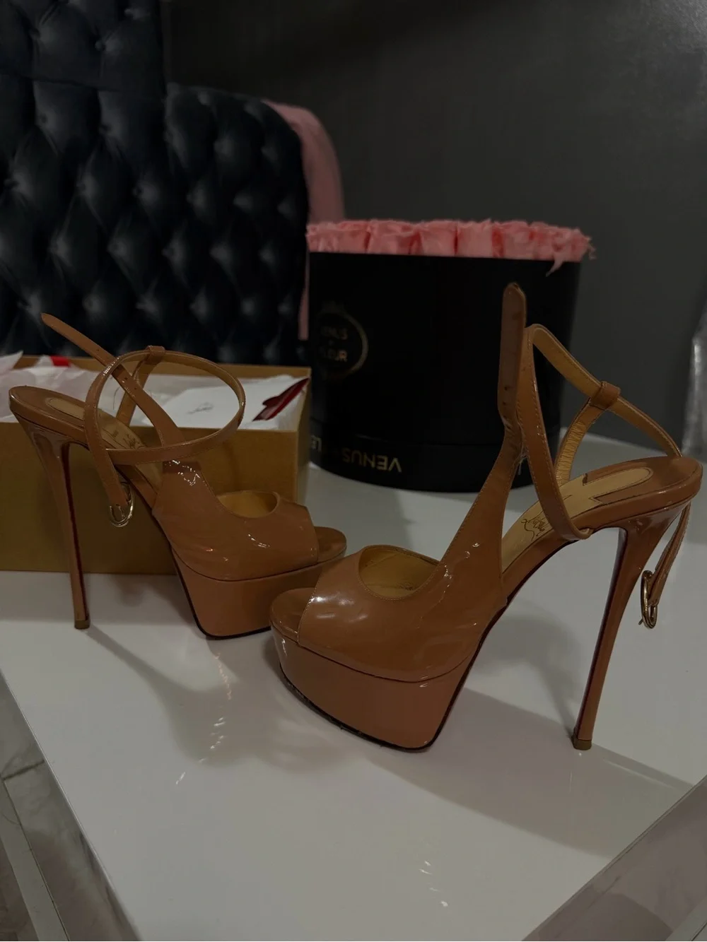 Christian Louboutin Nude Patent Platform Stilettos with Red Soles